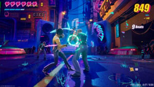 Dead as Disco gameplay - Charlie Disco combat Dex le guitariste vert dans une ruelle cyberpunk néon orange et bleu, score 849 PC