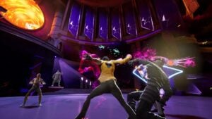 Dead as Disco gameplay - Charlie Disco combat plusieurs ennemis dans une salle néon violette avec effets lumineux orange, beat 'em up PC