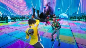 Dead as Disco gameplay - Charlie Disco combat sur une piste de danse néon multicolore devant une foule, scène de concert beat 'em up PC