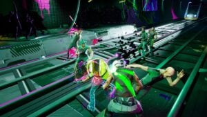 Dead as Disco gameplay - combat contre Dex le guitariste cybernétique vert sur une plateforme industrielle, boss fight PC Early Access