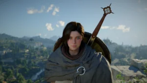 Mod Character Creator Female Crimson Desert PC - personnage féminin aux yeux bleus avec lance dorée et cape grise, préset visage disponible via le mod