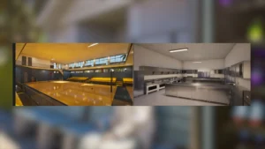 inZOI mise à jour lycée mai 2026 - intérieur gymnase avec gradins jaunes et cuisine professionnelle en acier du lycée simulation