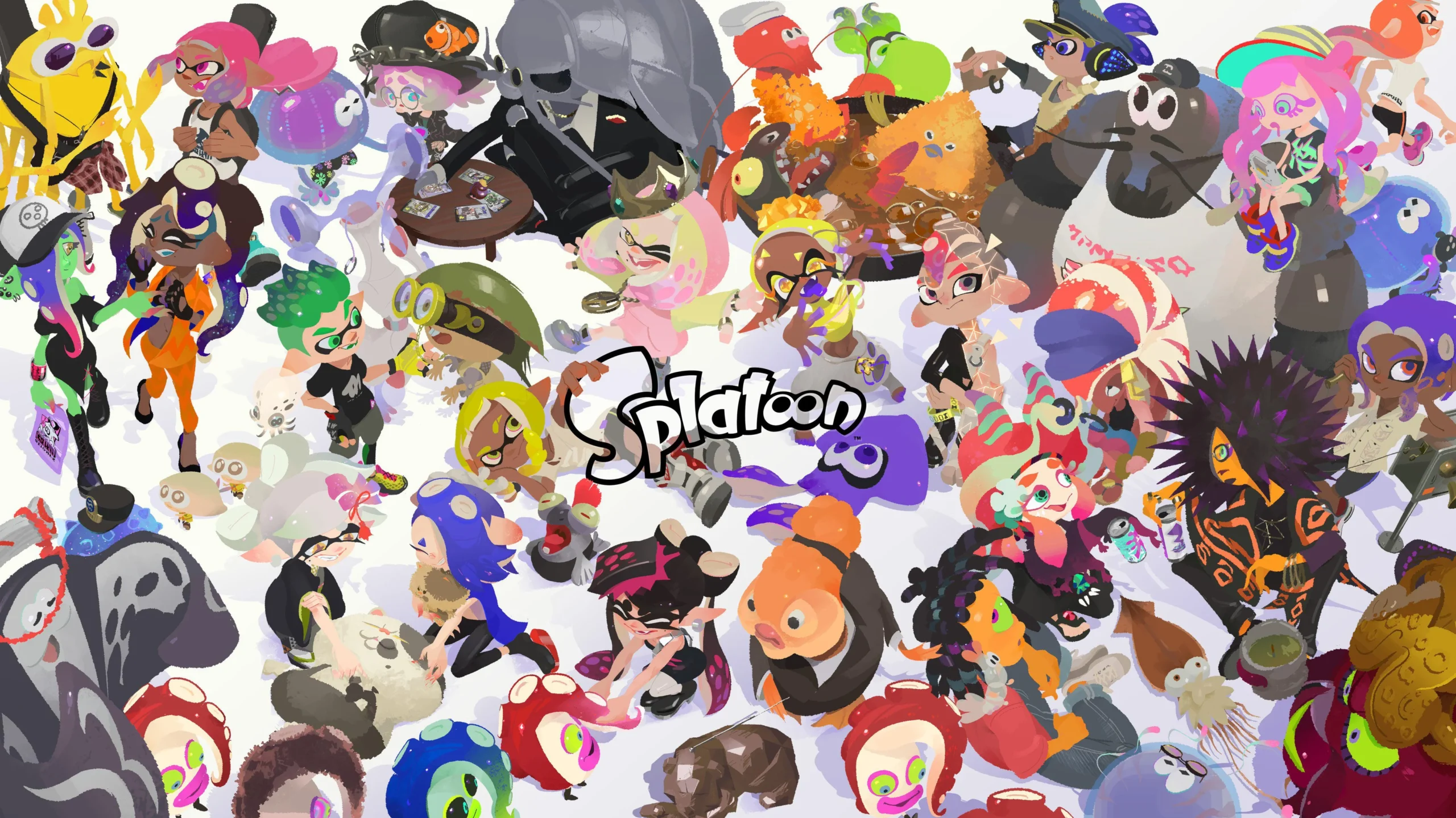 Illustration officielle Splatoon avec tous les personnages de la licence Nintendo - Inklings, Octolings, Salmônides et boss sur fond blanc, logo Splatoon en bas