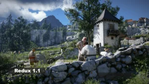 Mod Visual Redux Reshade 1.1 Crimson Desert PC - village de montagne avec PNJ devant maison en pierre, montagnes enneigées et forêt en arrière-plan, couleurs lumineuses