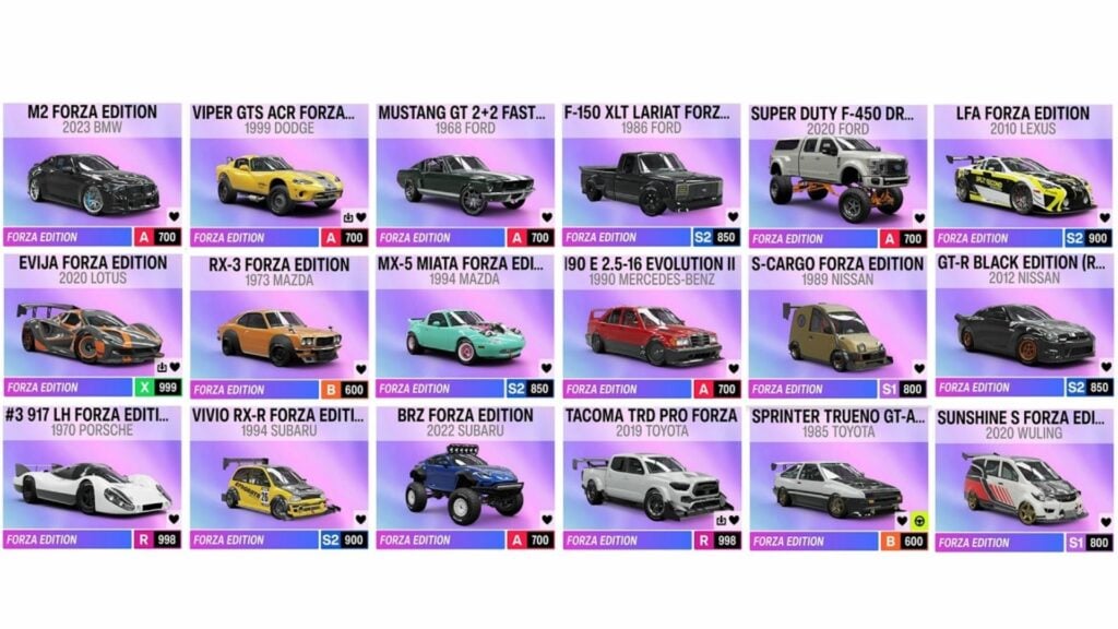 Liste des 18 voitures Forza Edition par méthode d'obtention
